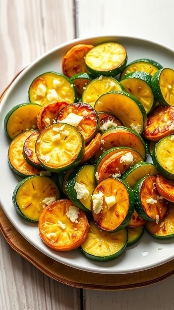 Crispy air fryer zucchini and squash garnished with Parmesan cheese on a rustic plate.